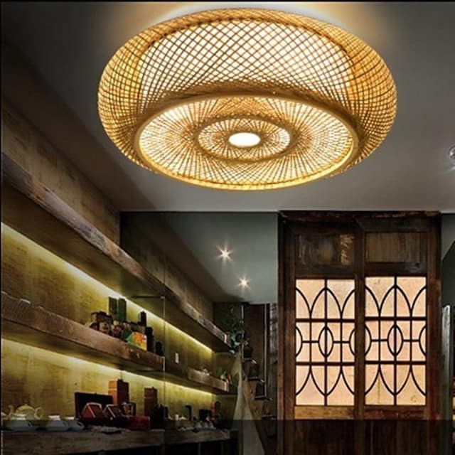 luz de teto embutida círculo projeto inspirado na natureza estilo nórdico para sala de jantar lojas cafés madeira bambu
