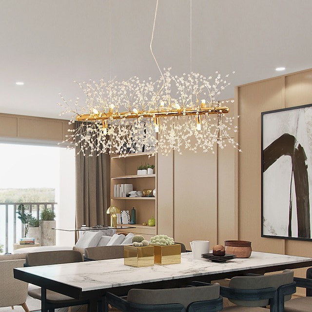Lustres de sala de jantar galvanizados com 9 luzes fogos de artifício luz de aço inoxidável ilha de cristal lustre de ouro com Iluminação pendente com 9 luzes base de Lâmpada