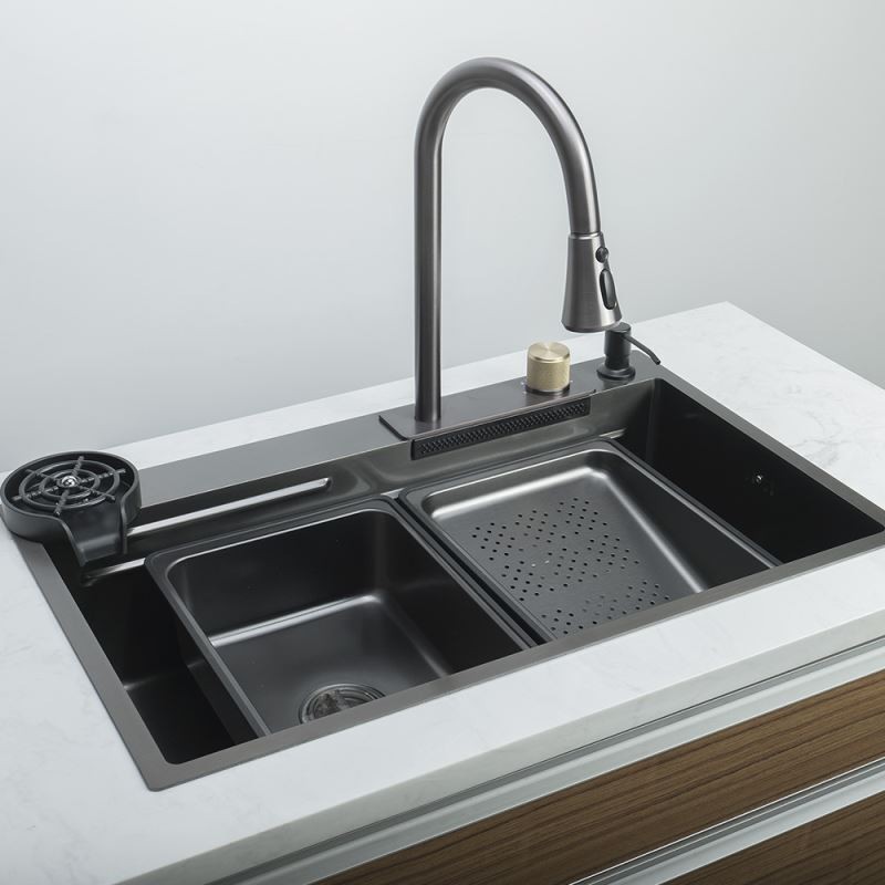Banca de cozinha de aço inoxidável revestida Nano preta com torneira de água quente e fria