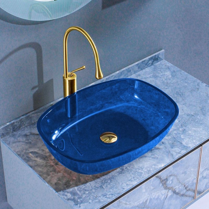 Pia de banheiro de vidro temperado com bancada azul
