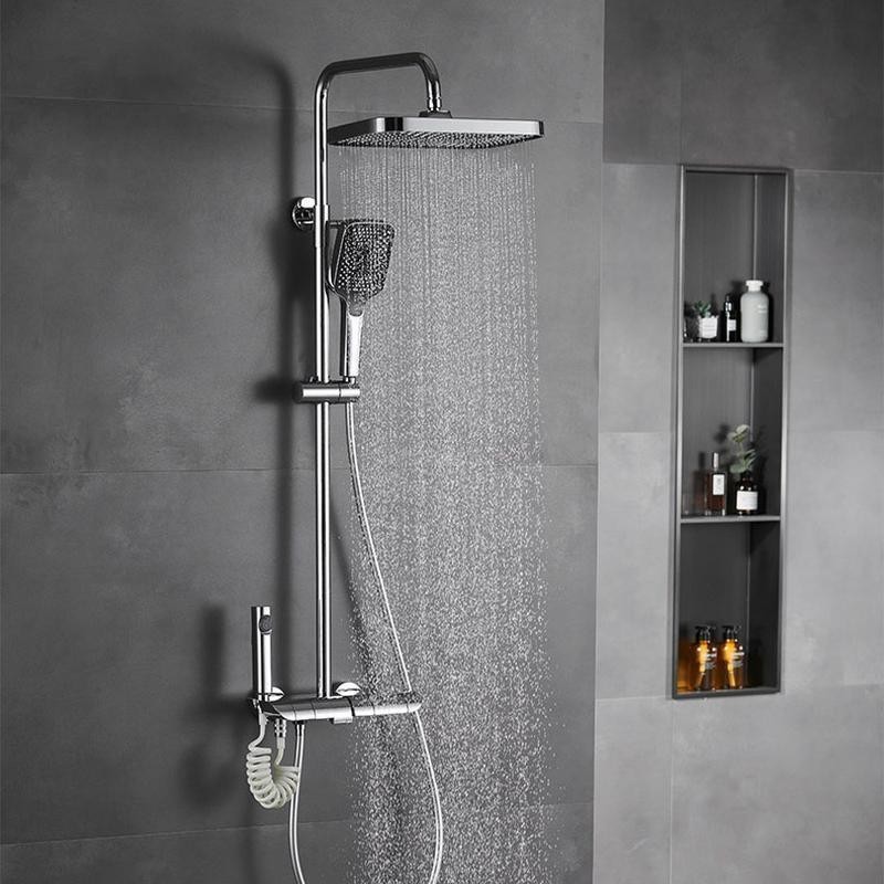 Conjunto de duche termostático, cromado/preto/cinzento, saída de água oculta