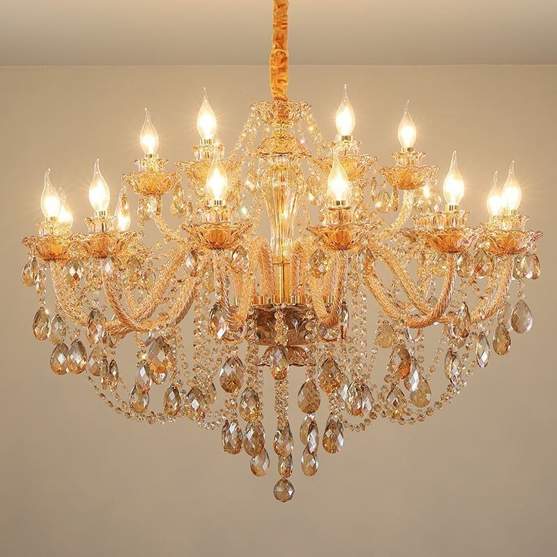 Lustre de cristal europeu de luxo com luz pendente de conhaque