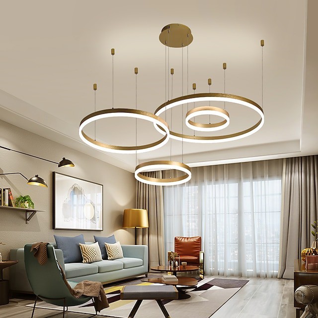 4 luzes 110w anel círculo lustre luzes pendentes modernas ouro café para sala de bar sala escritório 4 camadas regulável com controle remoto