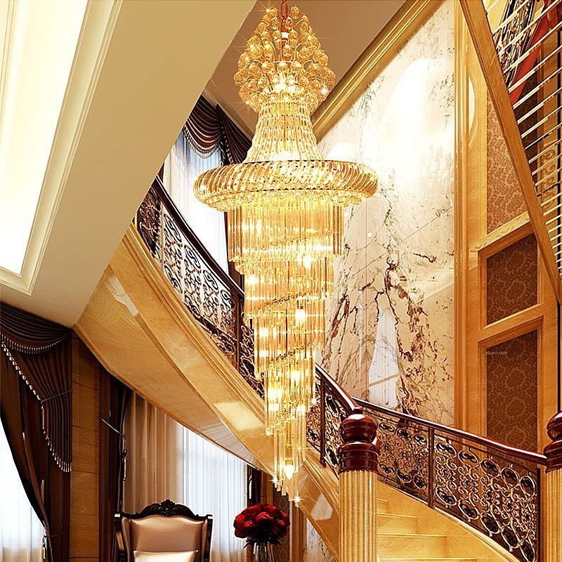 Lustre de cristal de luxo moderno europeu gracioso longo pingente villa duplex escada