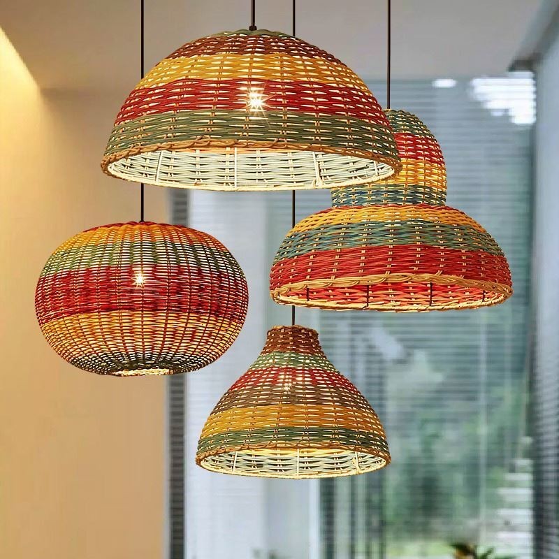 Luz pendente de bambu e rattan colorido intervalo listrado tecido à mão lâmpada de teto
