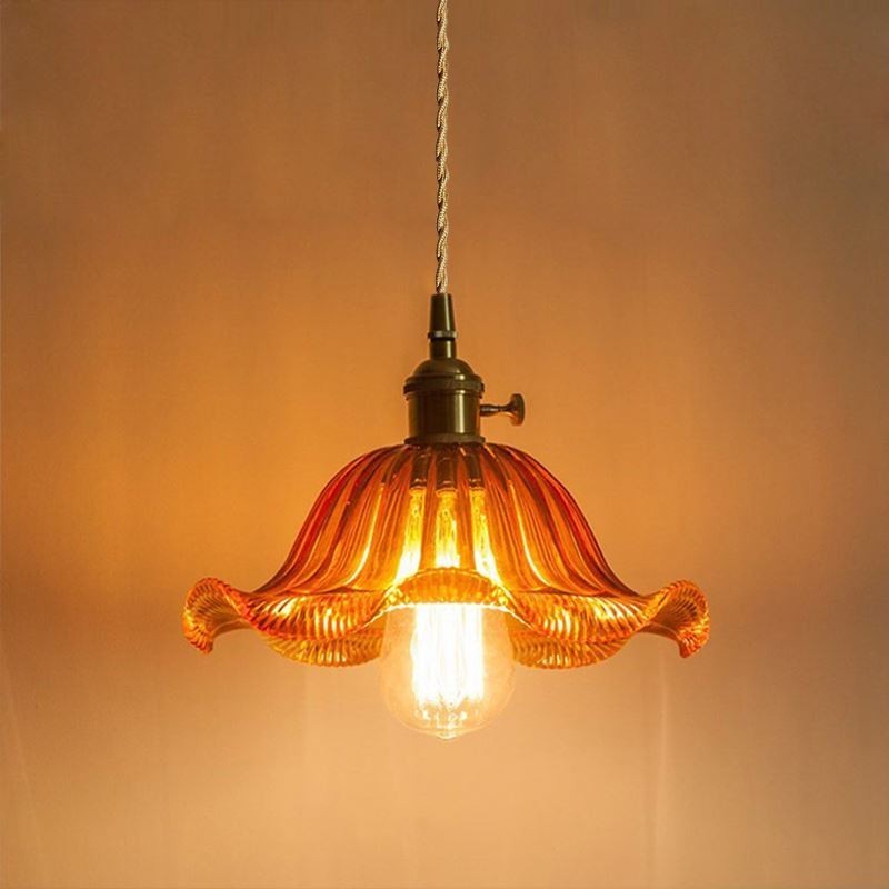 Vintage colorido com nervuras de vidro pingente lâmpada de sombra de flor com luz de interruptor de torção