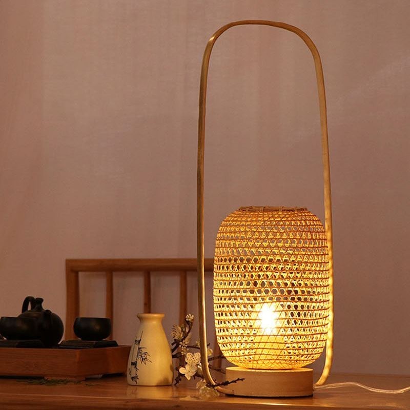 Candeeiro de mesa japonês simples, moderno, redondo, de bambu, para escrita, luz decorativa