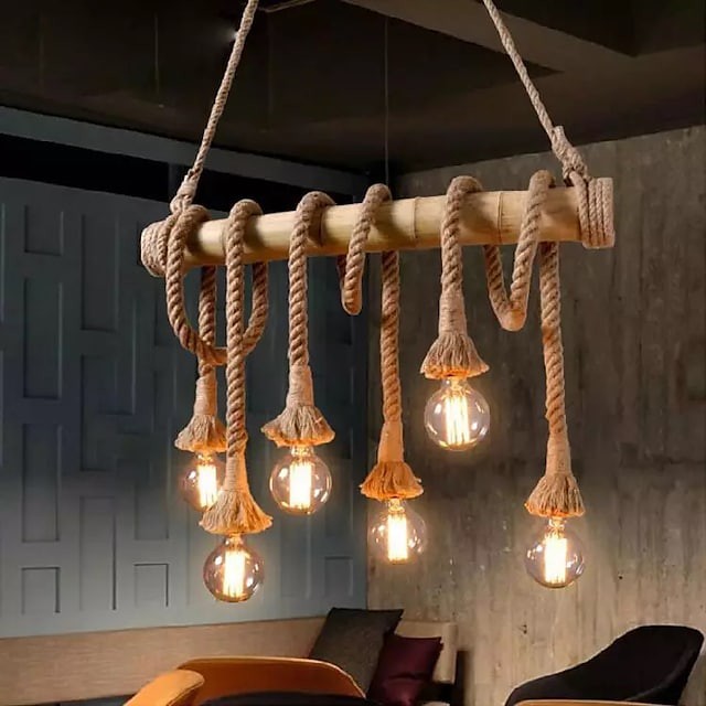 6-light luz pendente cluster projeto madeira bambu corrente de sala de jantar cabo ajustável