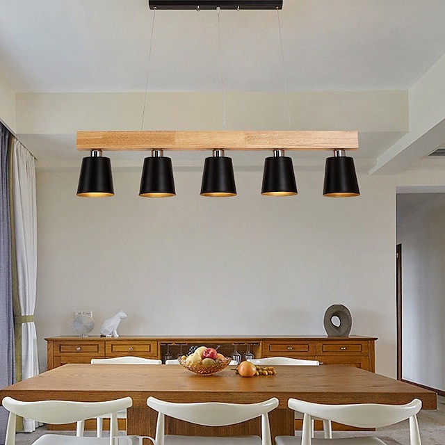 Lustres de madeira 5 luzes nordic simples pingente luminárias para sala de estar bar café moderno metal sobrecarga luz branco abajur