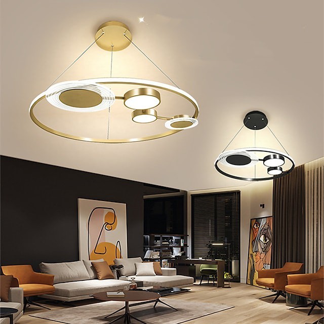 40 60cm de luz pendente com projeto moderno de anel circular em ouro preto inclui versão regulável sala de estar quarto sala de jantar abamentos em metal pintado